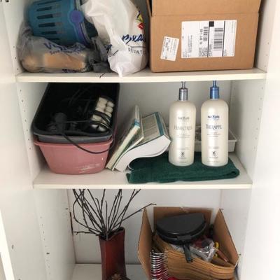 Shampoo, hangers, curlers, hair dryer, omelet pan, decor/organization