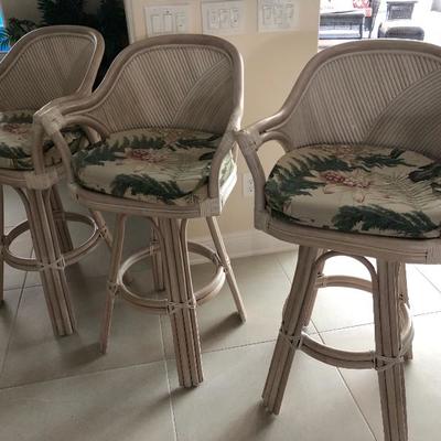 3 Matching Whitewashed Rattan Bar Chairs w/Arms 