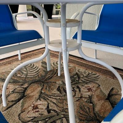 Detail - White Metal Outdoor Glass Top Table w/Blue Sling Chairs 