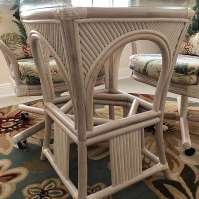 Detail - Alexander & Sheridan Ltd. Whitewashed Rattan Dinette w/4 Rolling Chairs and Tropical back/seat cushions - (48