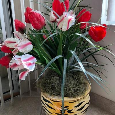 Tulips in animal print contaimer