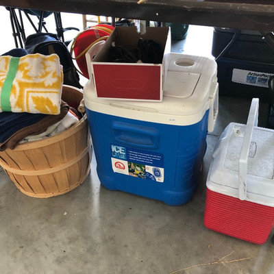 Coolers, shop towels, bushel basket