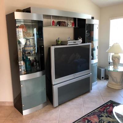 Chrome and glass entertainment center with two towers (22-1/2