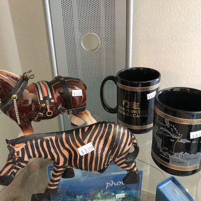 Souvenir mugs, Zebra, Clydesdale Horse figures