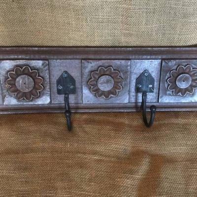 Wood Wall Hanger with carved flowers and metal hoo ...