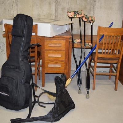 Guitar, Guitar Stand, Desks, Chairs, Crutches