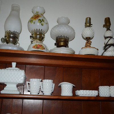 Hobnail Milk Glass Pieces & Hurricane Lamps