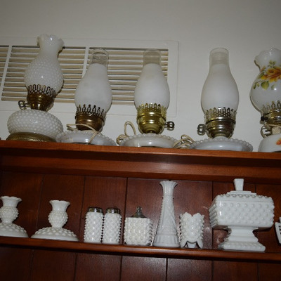 Hobnail Milk Glass Pieces & Hurricane Lamps