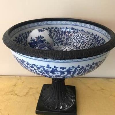 Blue and White Pedestal Bowl with Glass Balls