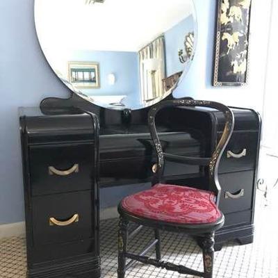 Black Art Deco Dressing Table, Mirror, and Chair