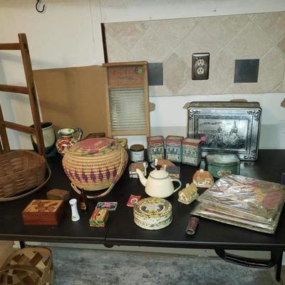 Tins, baskets, and other items