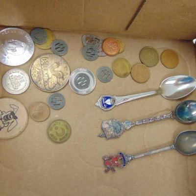 Flat of Tokens Foreign Coins and Souvenir Spoons