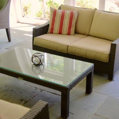 Restoration Hardware all-weather wicker loveseat and coffee table