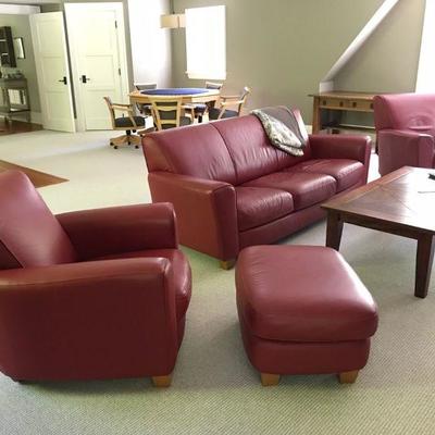 Natuzzi red leather sofa, chairs and ottoman
