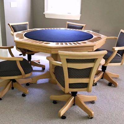Poker table converts to bumper pool with 5 chairs