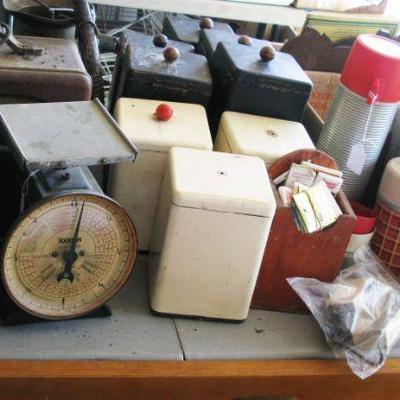 old postage meter scale, old scale, old wood paper cutter, old plant sprayer and more