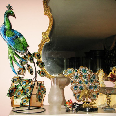 tall peacock figure and vintage 1920 Czech crystal & bronze peacock lamp