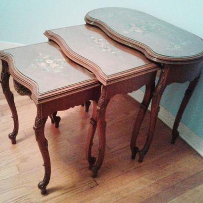 3 piece inlaid nesting tables  BUY IT NOW $ 145.00