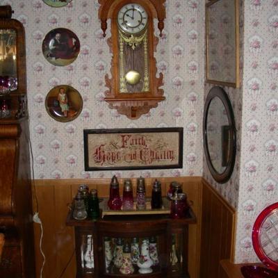 Collector plates, wall clock, sampler, sugar shakers/muffineers