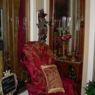 Parlor chair, pier mirror, lustres, candlesticks