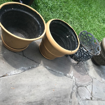 2 yellow pots are SOLD
Metal cachepot $35