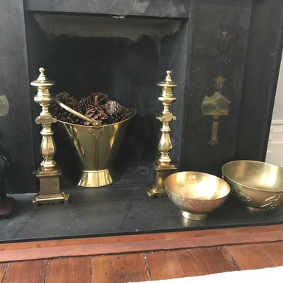 Andirons are SOLD.
Brass coal bucker $99 SOLD
Large brass bowl $75
Small brass bow $55