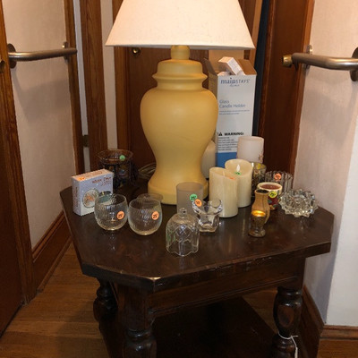 Mersman dark pine end table w/shelf $15
Yellow ceramic ginger jar lamp $7.50
Candles .10 - $2.50