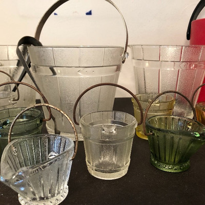 Stippled Glass Collection
â€”Oak barrel ice bucket w/tongs $6 each - 5 available 
-Ashtrays
â€”Coal buckets   $1.50 - $2.00 each  (amber,...