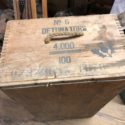 Large wooden box with rope handles made for explosives for â€œAustin Powder Co. $20