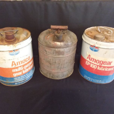 2 Amoco Gas Cans and 1 Justrite Safety Gas Can