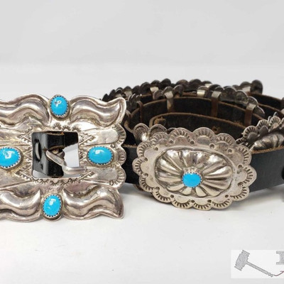 681: Vintage Old Pawn Native American Sterling Silver Turquoise Concho Belt, 206.3g
Measures approx 48