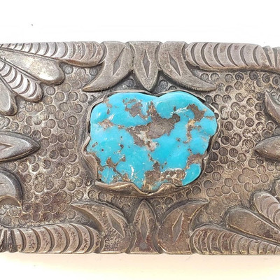 672: 	
Sterling Silver Turquoise Belt Buckle, 54.3 grams
Weighs approx 54.3 grams, Measures approx 2 1/2
