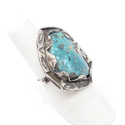 610: 
Sterling Silver Turquoise Ring, 11.7 grams
Weighs 11.7 grams, size 6 1/2. Measures 1 3/8