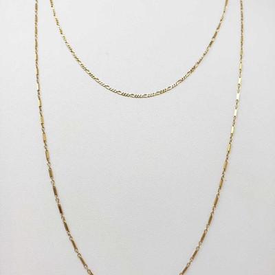 767: Two 14k Gold Necklace Chains, 5.9g
Combined weigh approx 5.9g, Necklaces measure approx 17