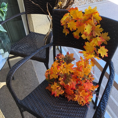 Faux foliage, 4 resin wicker side chairs 