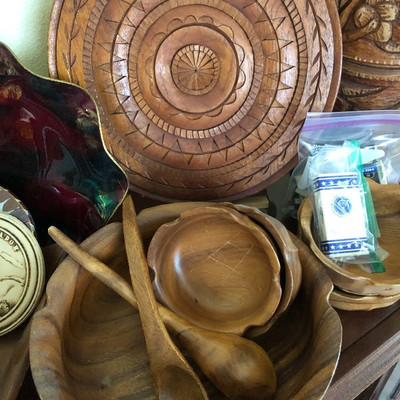 Carved wooden platter, salad bowl set