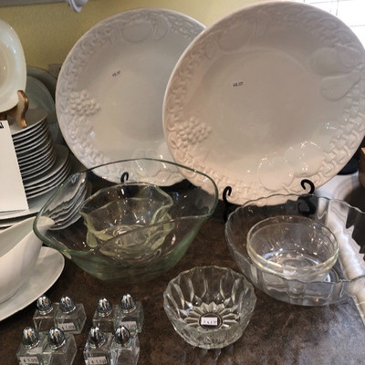 Platters, bowls, salt & pepper shakers. 