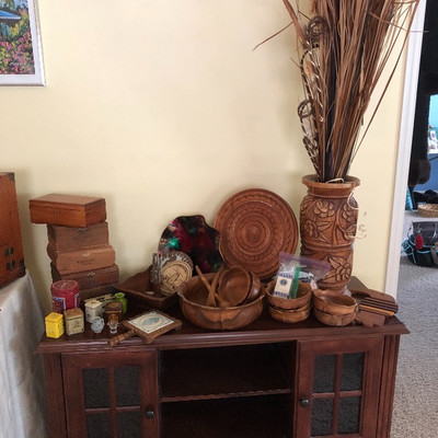 Carved wood, cigar boxes, vintage tins