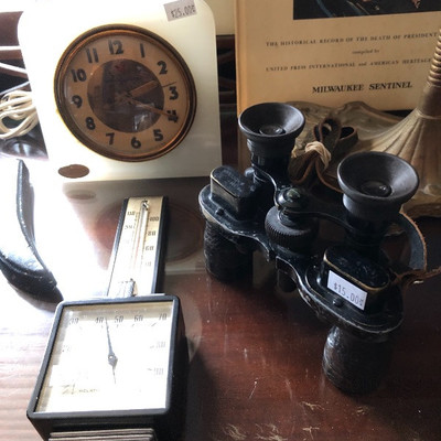 Vintage clock, binoculars, thermometer 