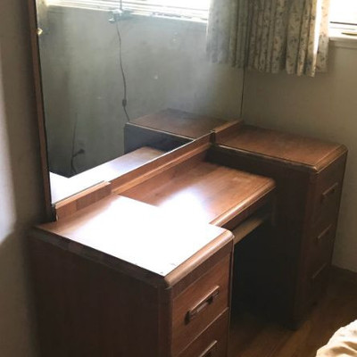 Mid Century 4 Piece Bedroom set; Full Bed, Highboy Dresser, Vanity Desk & Mirror w/Bench