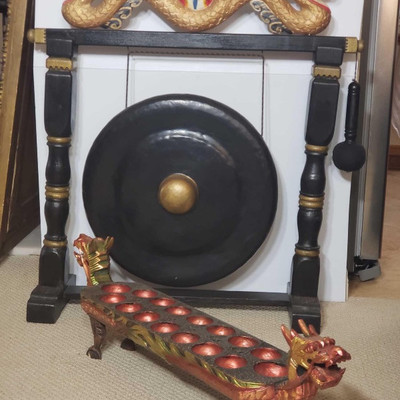 350: 	
Chinese Gong and Dragon made from Wood
Gong Measures Approximately 36