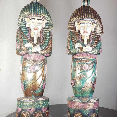 280: 
Hand carved Egyptian Pharaohs and hand painted. Made from Balsa wood.Â 2 of them measuring approximately 33