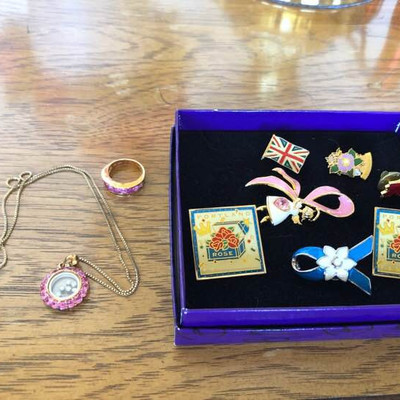 Collection of Pins and Pink Jewelry