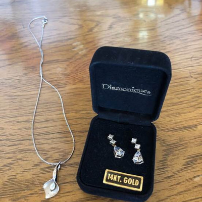 Diamonique earrings and Silvertone necklace