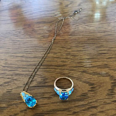 Matching blue and opal style ring and necklace