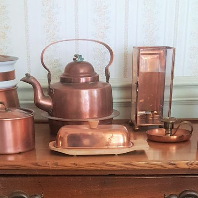 Copper items including teapot, butterdish and more