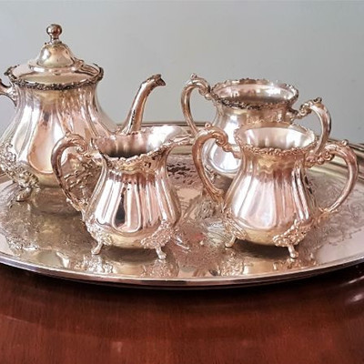 Silverplate coffee service with creamer, sugar and tray