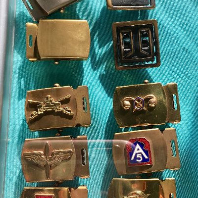 Military and other belt buckles.  Airborne, Army, Navy, Tanks