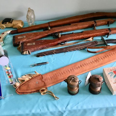 Vintage toy b.b. guns, sword, gun stock