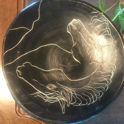 Black Hand Painted Plate with Horse Profile 